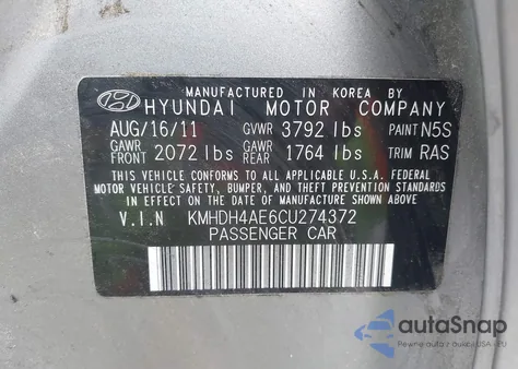 2012 Hyundai Elantra Gls (Ulsan Plant) z USA, uszkodzony, nr VIN KMHDH4AE6CU274372